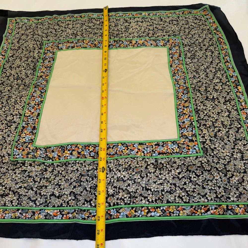 Golden Camel Vintage 100% Silk Scarf Floral Border Hand Rolled Navy Cream 30x30